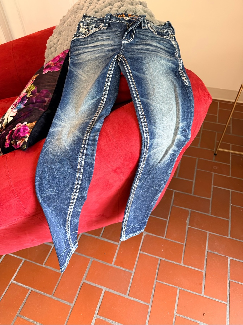 Rock Revival Blue Washed Skinny Jeans with Contrast Stitching